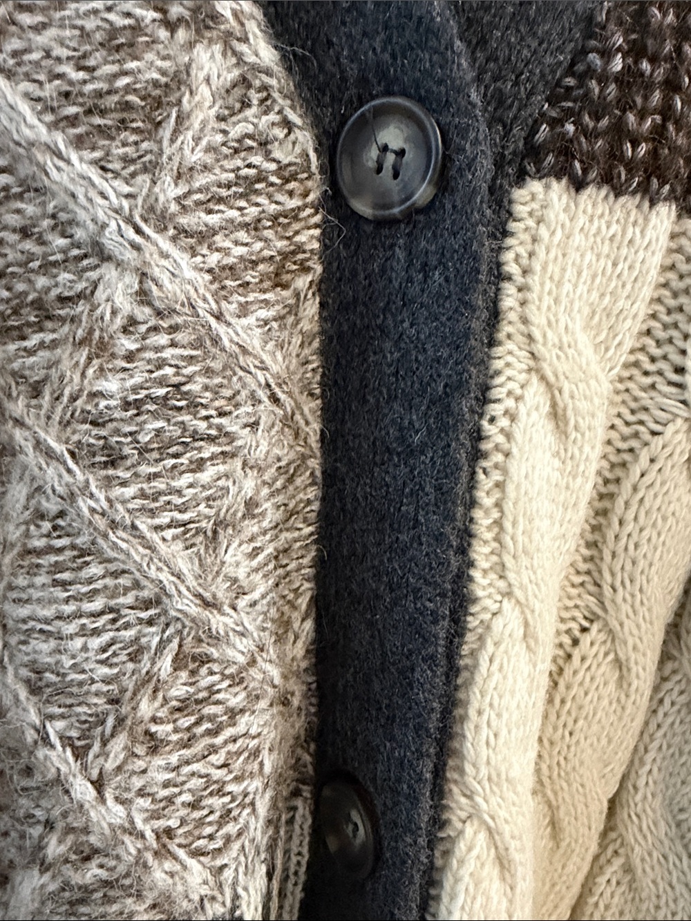Zara Charcoal Patchwork Cable Knit Cardigan with Cream & Brown Panels - Picture 2 of 6